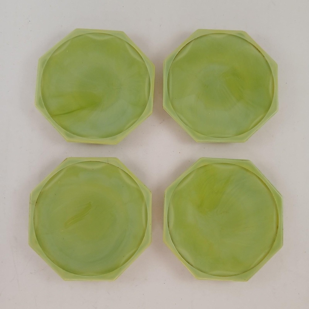 Vintage Akro Agate Children's Plates 4 pcs Jadeite Green Octagonal Slag Glass